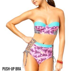 NWT HULA HONEY Women's leaf Print PUSH-UP Bikini & Hipster Bottoms Swimsuit